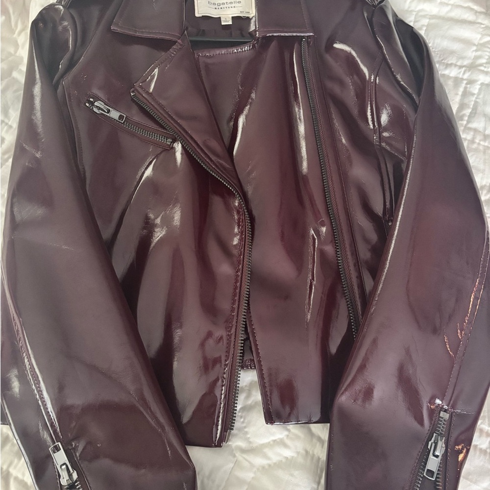 Bagatelle Brown Leather Jacket Asymmetrical Zipper Fitted Silhouette